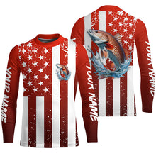 Load image into Gallery viewer, Custom Redfish Long Sleeve Tournament Fishing Shirts, Grunge American Flag Patriotic Fishing Shirts IPHW5604