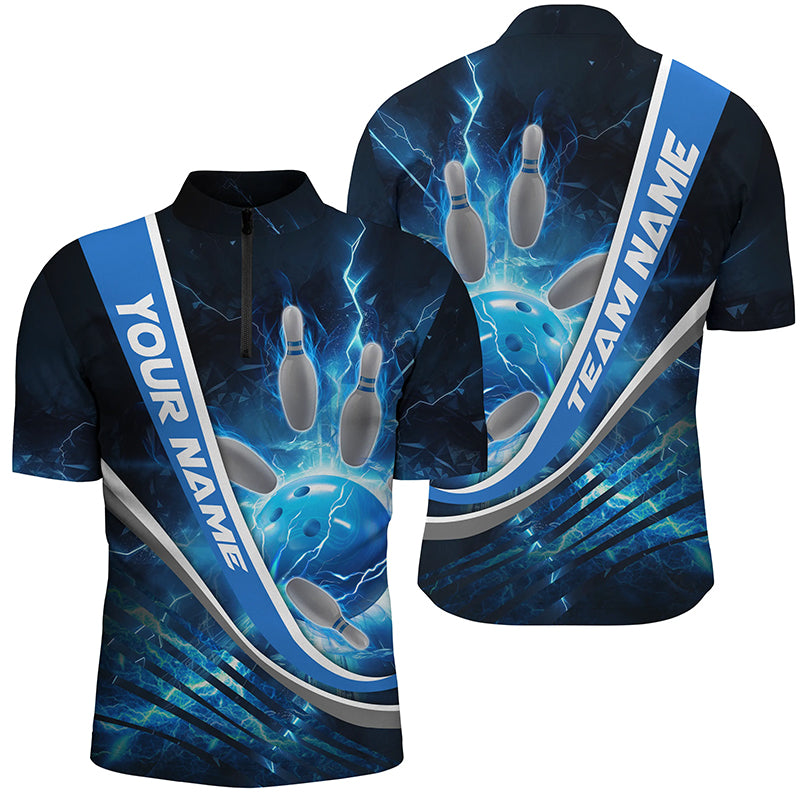 Custom Blue Thunder Lightning Bowling Quarter Zip Shirts For Men Bowling Jerseys Team Shirts IPHW5322