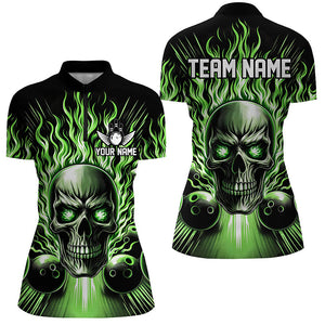Personalized Skull Bowling Shirt For Women Custom Team'S Name Flame Bowler Jerseys | Green IPHW5819