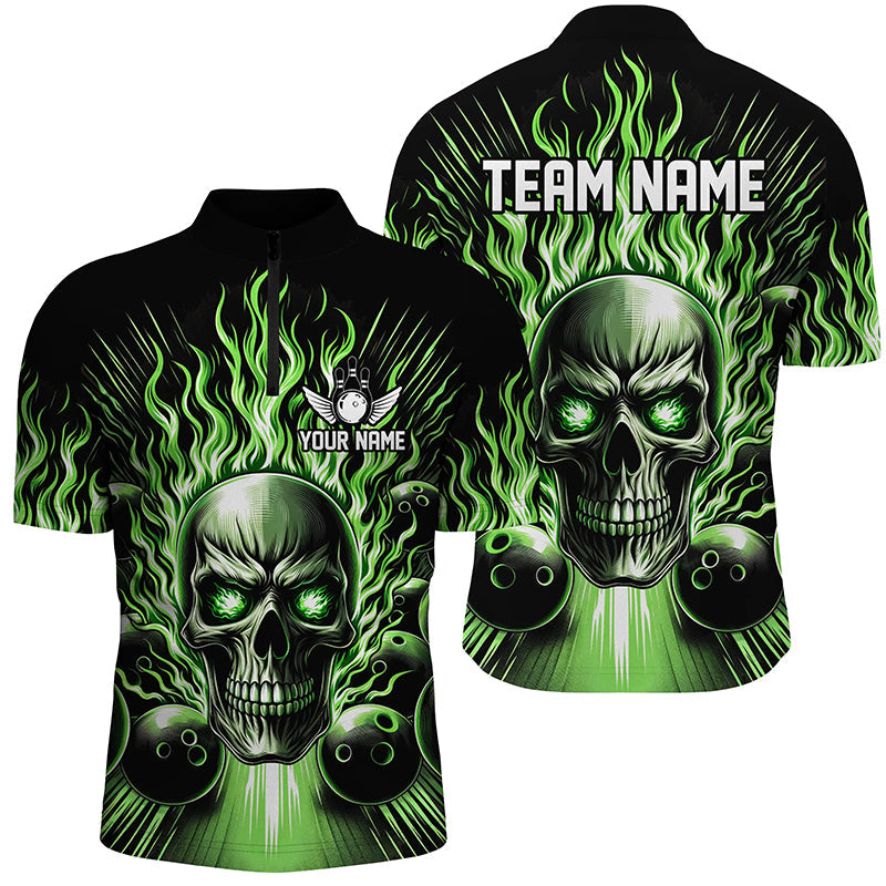 Personalized Skull Bowling Shirt For Men Custom Team'S Name Flame Bowler Jerseys | Green IPHW5819