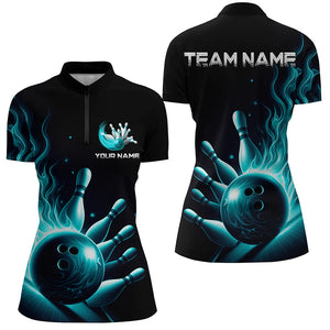 Personalized Blue Flame Bowling Polo Shirts For Women Bowling Team Jerseys Strike Bowling IPHW5822