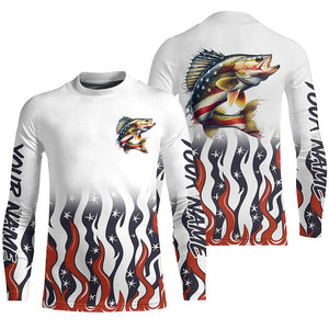 Personalized American Flag Walleye Long Sleeve Fishing Shirts, Patriotic Walleye Fishing Gifts IPHW5946