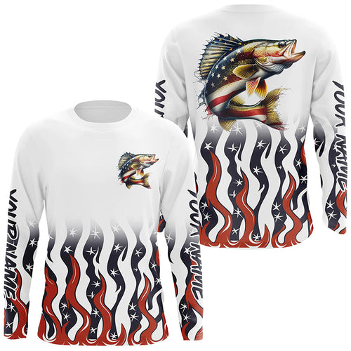 Personalized American Flag Walleye Long Sleeve Fishing Shirts, Patriotic Walleye Fishing Gifts IPHW5946