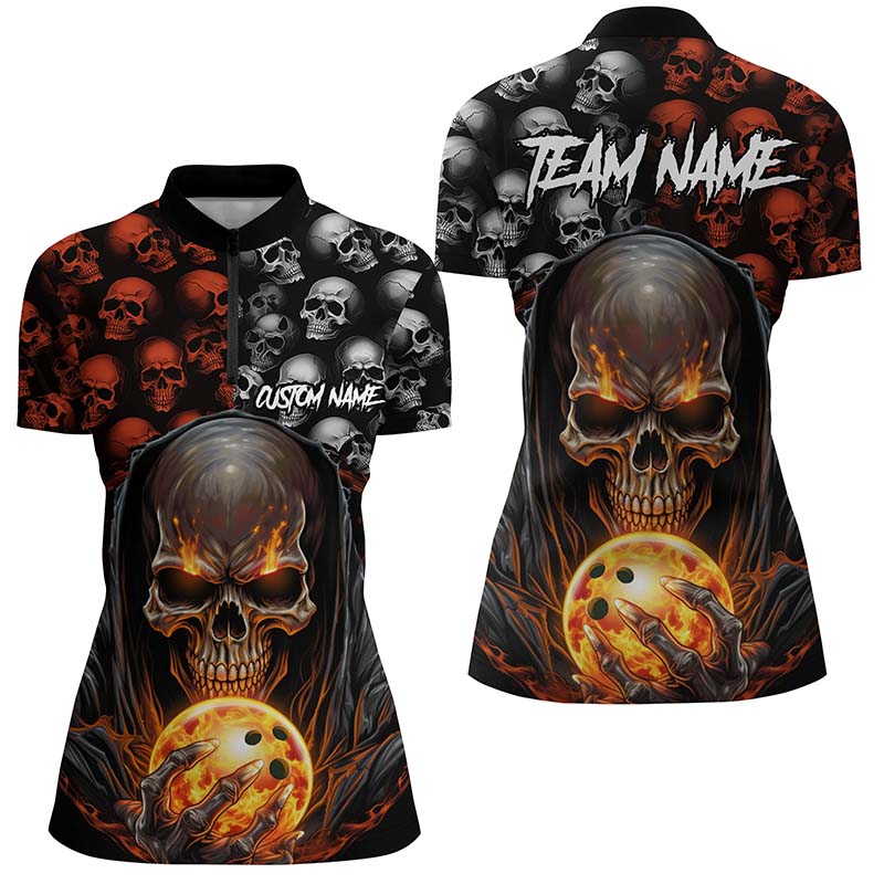 Custom Skull Bowling Womens Quarter Zip Shirts Bowling Team Jerseys Halloween Outfits IPHW5346