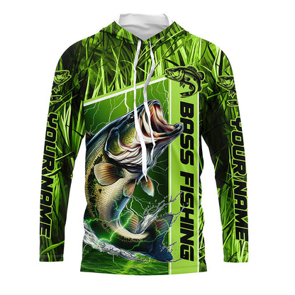 Custom Green Camo Bass Long Sleeve Tournament Fishing Shirts, Bass Fishing Jerseys IPHW5827