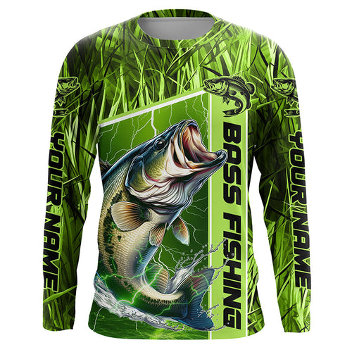 Custom Green Camo Bass Long Sleeve Tournament Fishing Shirts, Bass Fishing Jerseys IPHW5827