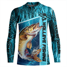 Load image into Gallery viewer, Custom Teal Blue Camo Walleye Long Sleeve Tournament Fishing Shirts, Walleye Fishing Jerseys IPHW5828