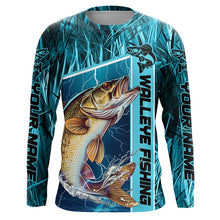 Load image into Gallery viewer, Custom Teal Blue Camo Walleye Long Sleeve Tournament Fishing Shirts, Walleye Fishing Jerseys IPHW5828