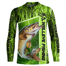 Load image into Gallery viewer, Custom Green Camo Walleye Long Sleeve Tournament Fishing Shirts, Walleye Fishing Jerseys IPHW5829