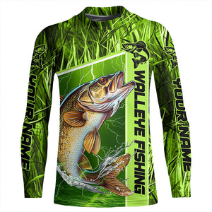 Custom Green Camo Walleye Long Sleeve Tournament Fishing Shirts, Walleye Fishing Jerseys IPHW5829