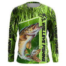 Load image into Gallery viewer, Custom Green Camo Walleye Long Sleeve Tournament Fishing Shirts, Walleye Fishing Jerseys IPHW5829