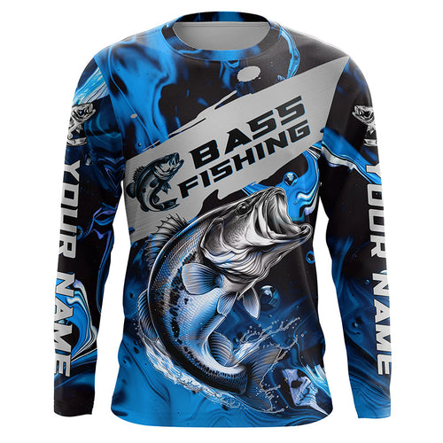 Personalized Bass Fishing Jerseys, Bass Long Sleeve Tournament Fishing Shirts For Men | Blue Camo IPHW5833