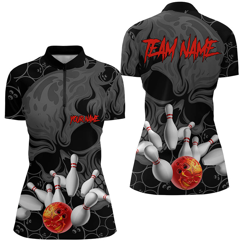 Custom Flame Skull Ladies Bowling Quarter Zip Shirts Skull Bowling Team Jerseys IPHW5366