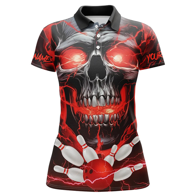 Custom Red Thunder Lightning Skull Bowling Team Jerseys Women Polo Shirts Bowling League IPHW5367