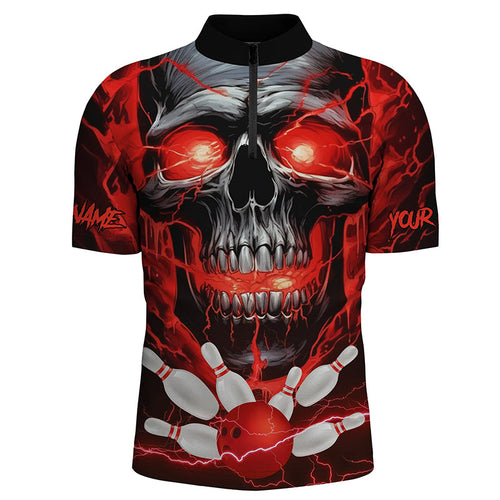 Custom Red Thunder Lightning Skull Bowling Team Jerseys Men Quarter Zip Shirts Bowling League IPHW5367