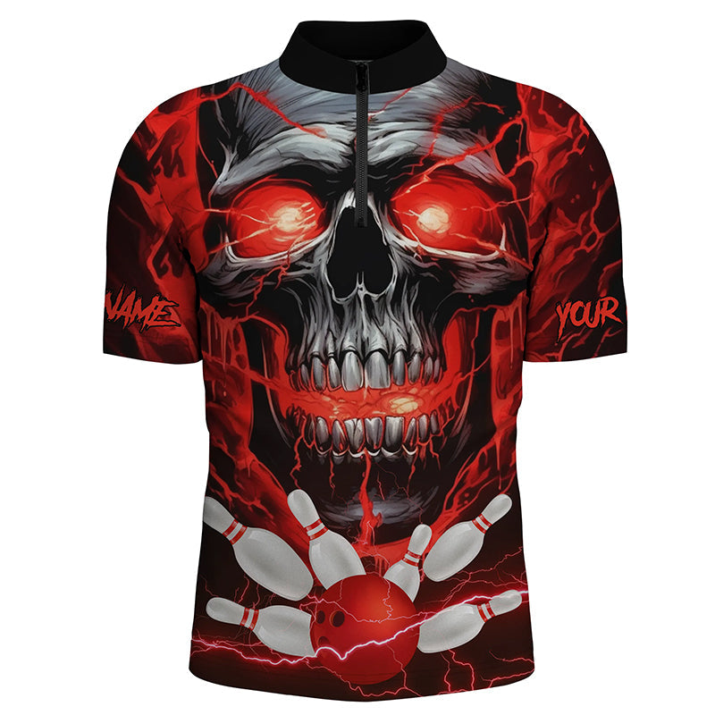 Custom Red Thunder Lightning Skull Bowling Team Jerseys Men Quarter Zip Shirts Bowling League IPHW5367
