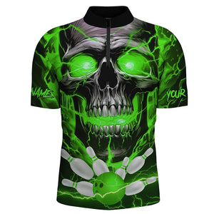 Custom Green Thunder Lightning Skull Bowling Team Jerseys Women Quarter Zip Shirts IPHW5368