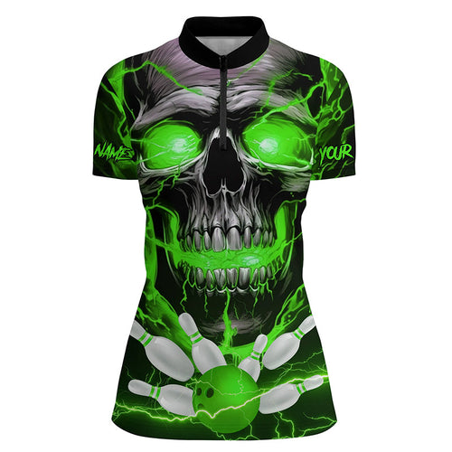 Custom Green Thunder Lightning Skull Bowling Team Jerseys Men Quarter Zip Shirts Bowling League IPHW5368