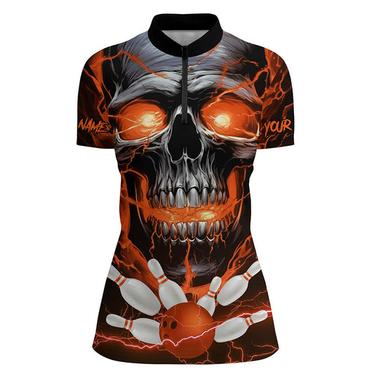 Custom Orange Thunder Lightning Skull Bowling Team Jerseys Women Quarter Zip Shirts IPHW5370