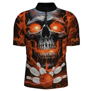 Custom Orange Thunder Lightning Skull Bowling Team Jerseys Men Quarter Zip Shirts Bowling League IPHW5370