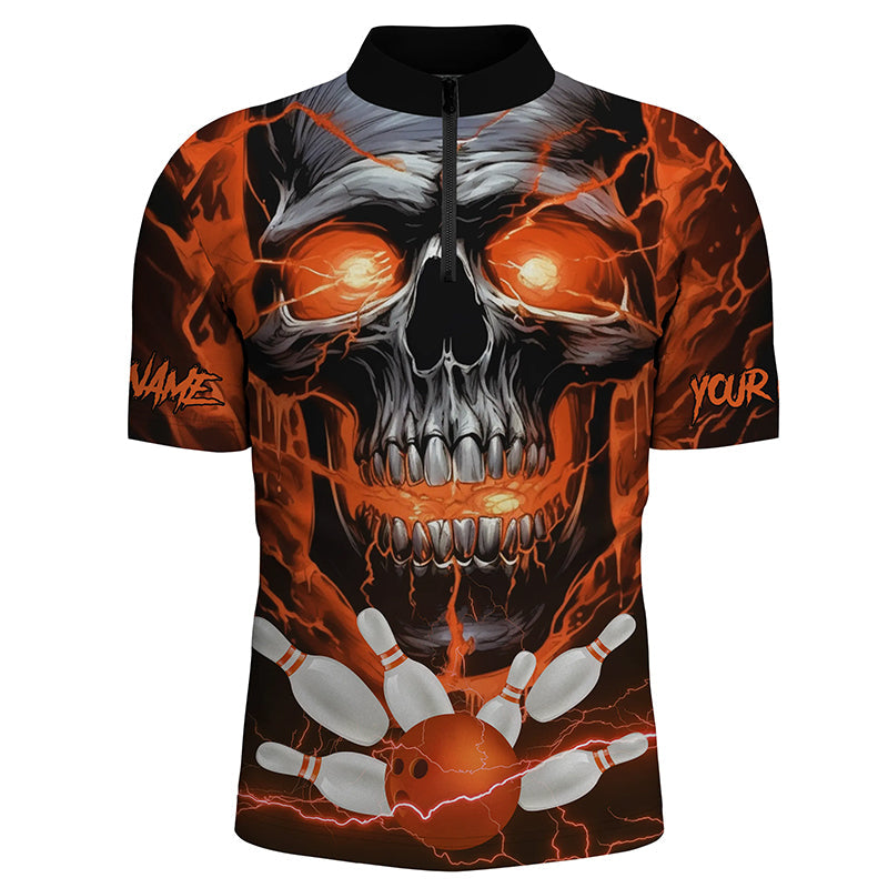 Custom Orange Thunder Lightning Skull Bowling Team Jerseys Men Quarter Zip Shirts Bowling League IPHW5370