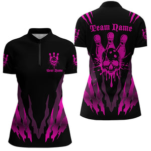 Custom Bowling Shirts For Women, Skull Bowling Team Shirts Bowling Pin | Pink IPHW5836