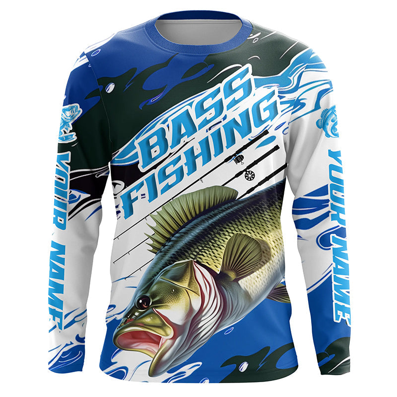 Custom Largemouth Bass Fishing Jerseys, Bass Long Sleeve Tournament Fishing Shirts | Blue Camo IPHW5993