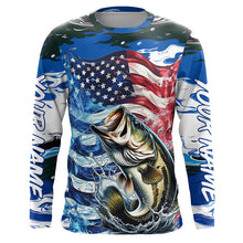 Load image into Gallery viewer, Custom American Flag Bass Long Sleeve Fishing Shirts, Patriotic Blue Camo Bass Fishing Jerseys IPHW6006