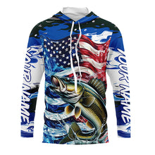 Load image into Gallery viewer, Custom American Flag Walleye Long Sleeve Fishing Shirts, Patriotic Blue Camo Walleye Fishing Jerseys IPHW6007