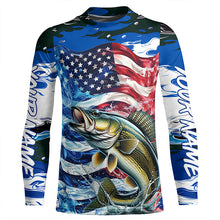 Load image into Gallery viewer, Custom American Flag Walleye Long Sleeve Fishing Shirts, Patriotic Blue Camo Walleye Fishing Jerseys IPHW6007