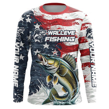 Load image into Gallery viewer, Personalized American Flag Walleye Long Sleeve Fishing Shirts, Patriotic Walleye Fishing Jerseys IPHW6010