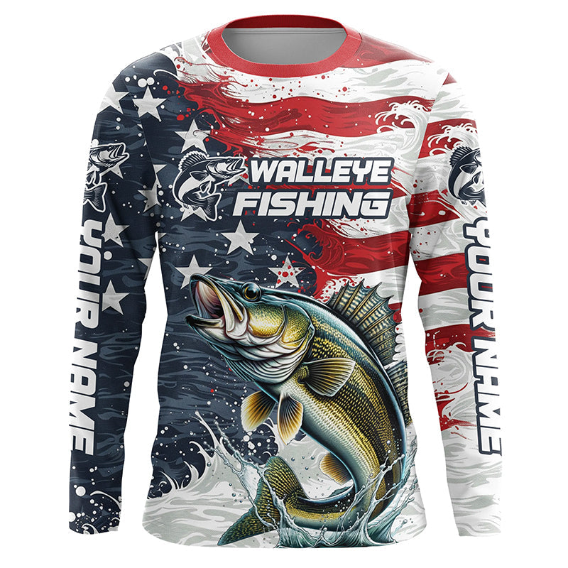 Personalized American Flag Walleye Long Sleeve Fishing Shirts, Patriotic Walleye Fishing Jerseys IPHW6010