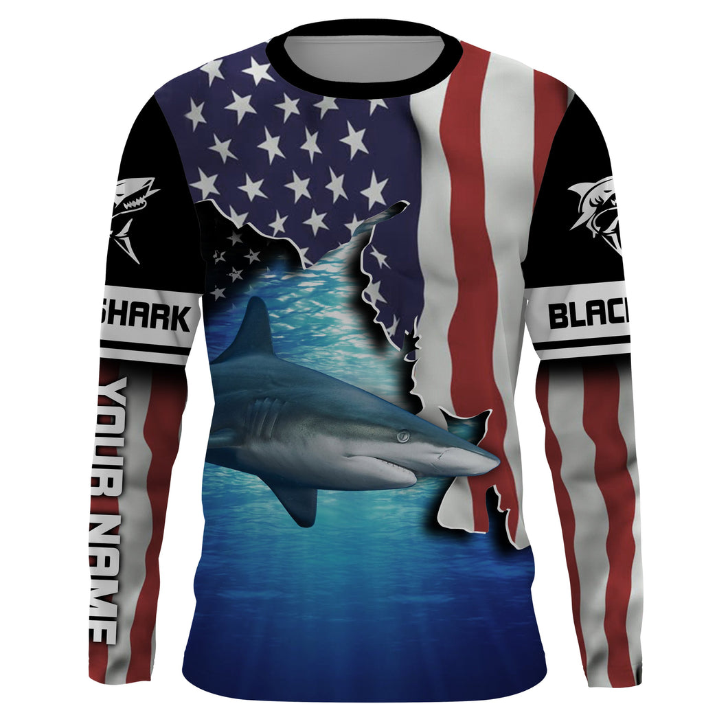 US Blacktip Shark Fishing apparel Sun / UV protection quick dry customize name long sleeves shirt UPF 30+ personalized patriotic fishing gift for adults and kids - IPH1737