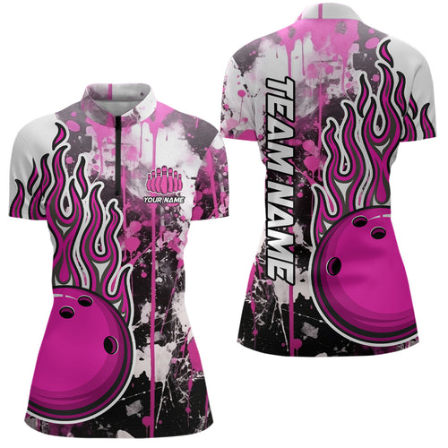 Pink Camo Flame Bowling Quarter Zip Shirts Women Custom Bowling Team Jerseys Bowling League IPHW5410