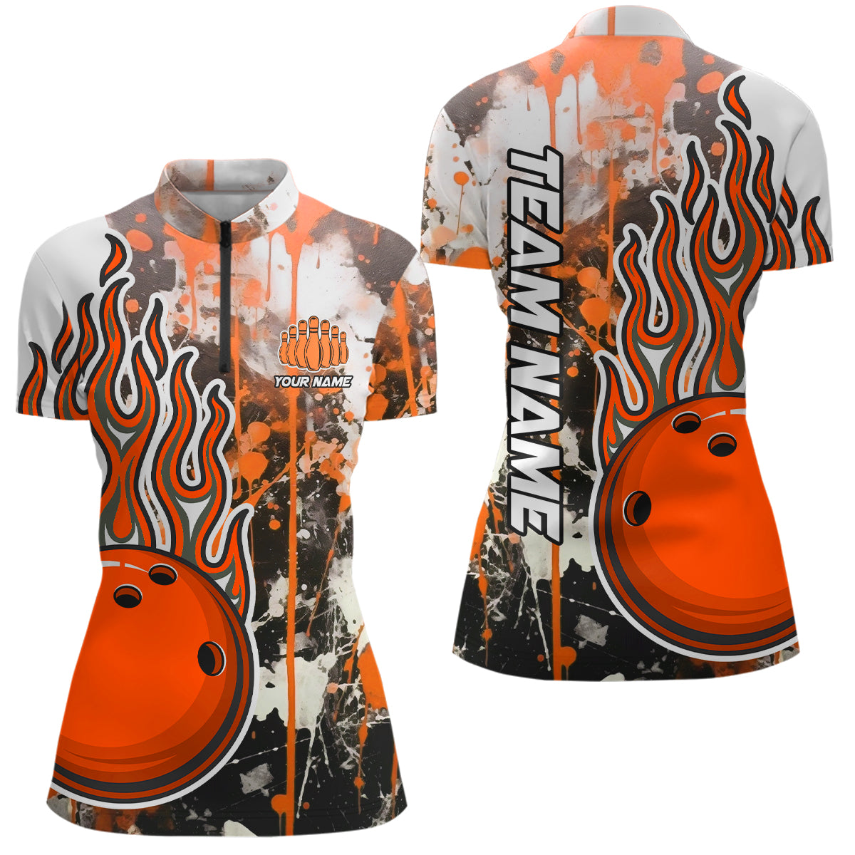 Orange Camo Flame Bowling Quarter Zip Shirts Women Custom Bowling League Team Jerseys IPHW5419