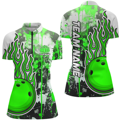 Green Camo Flame Bowling Quarter Zip Shirts Women Custom Bowling Team Jersey Bowling League IPHW5420