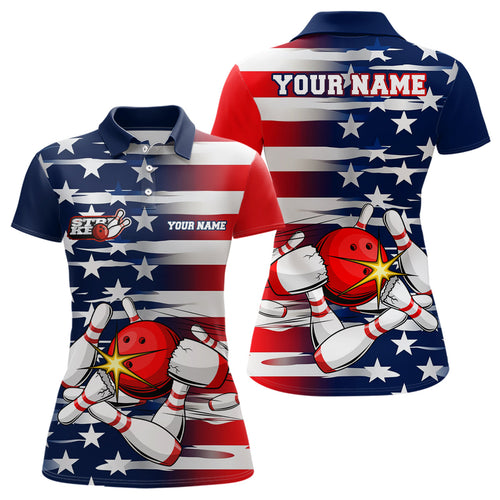 Personalized US Flag Strike Bowling Polo Team Shirts, Patriotic Womens Bowling Shirts IPHW5266