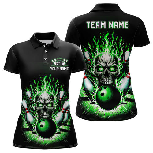 Personalized Skull Bowling Shirt For Women Custom Team'S Name Flame Bowler Jerseys | Green IPHW5820