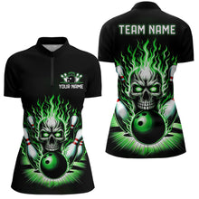 Load image into Gallery viewer, Personalized Skull Bowling Shirt For Women Custom Team&#39;S Name Flame Bowler Jerseys | Green IPHW5820