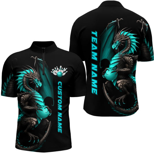 Custom Cyan Dragon Bowling Quarter Zip Shirts Men Team Bowling Jerseys Bowler Outfit Apparel IPHW5332