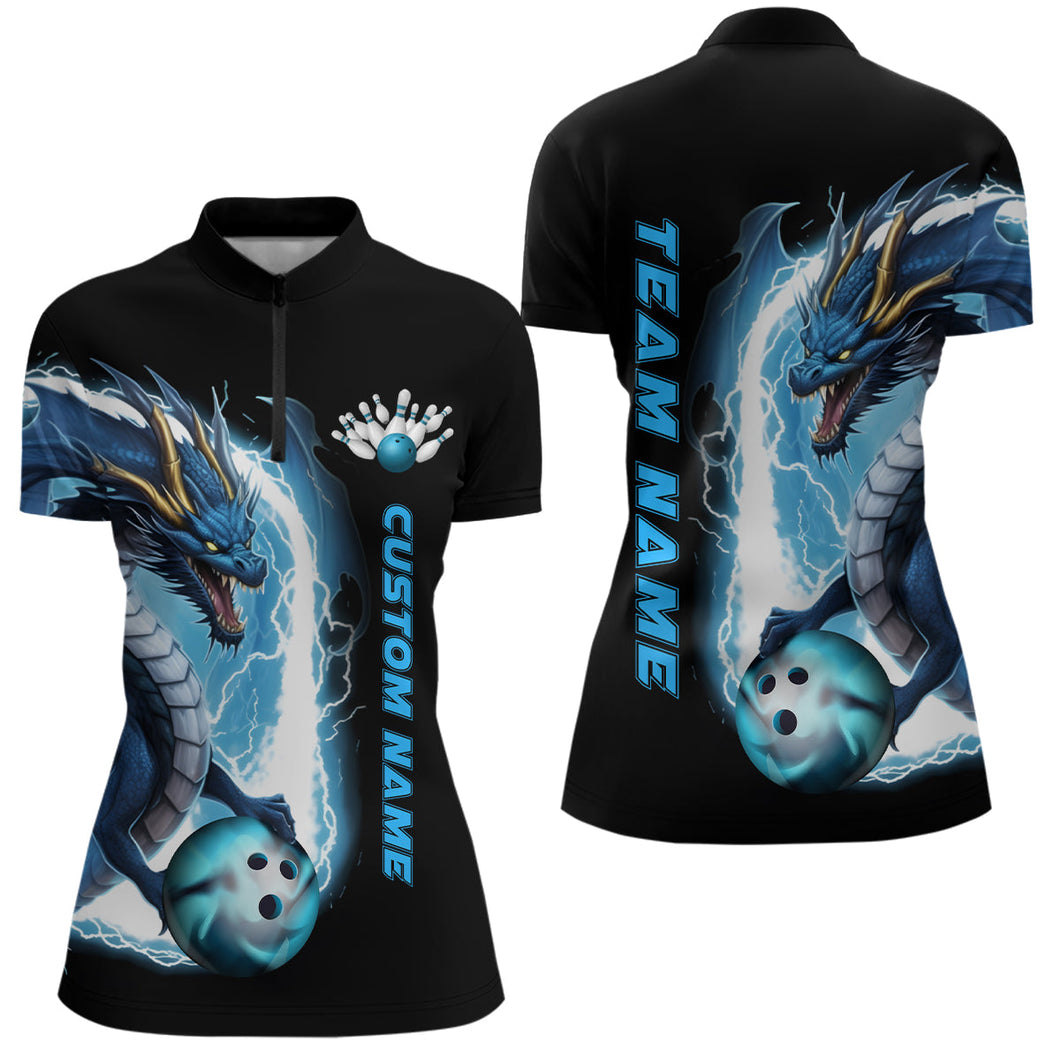 Custom Blue Thunder Lightning Dragon Bowling Quarter Zip Shirts Women Bowling Team Jerseys IPHW5337