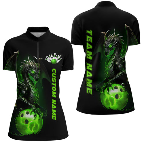 Custom Women Bowling Quarter Zip Shirts Green Dragon Bowling Team Jerseys Bowling League IPHW5350