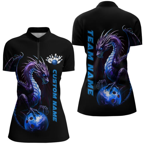 Personalized Blue Dragon Bowling Team Jerseys Women Quarter Zip Shirts Bowling League IPHW5353