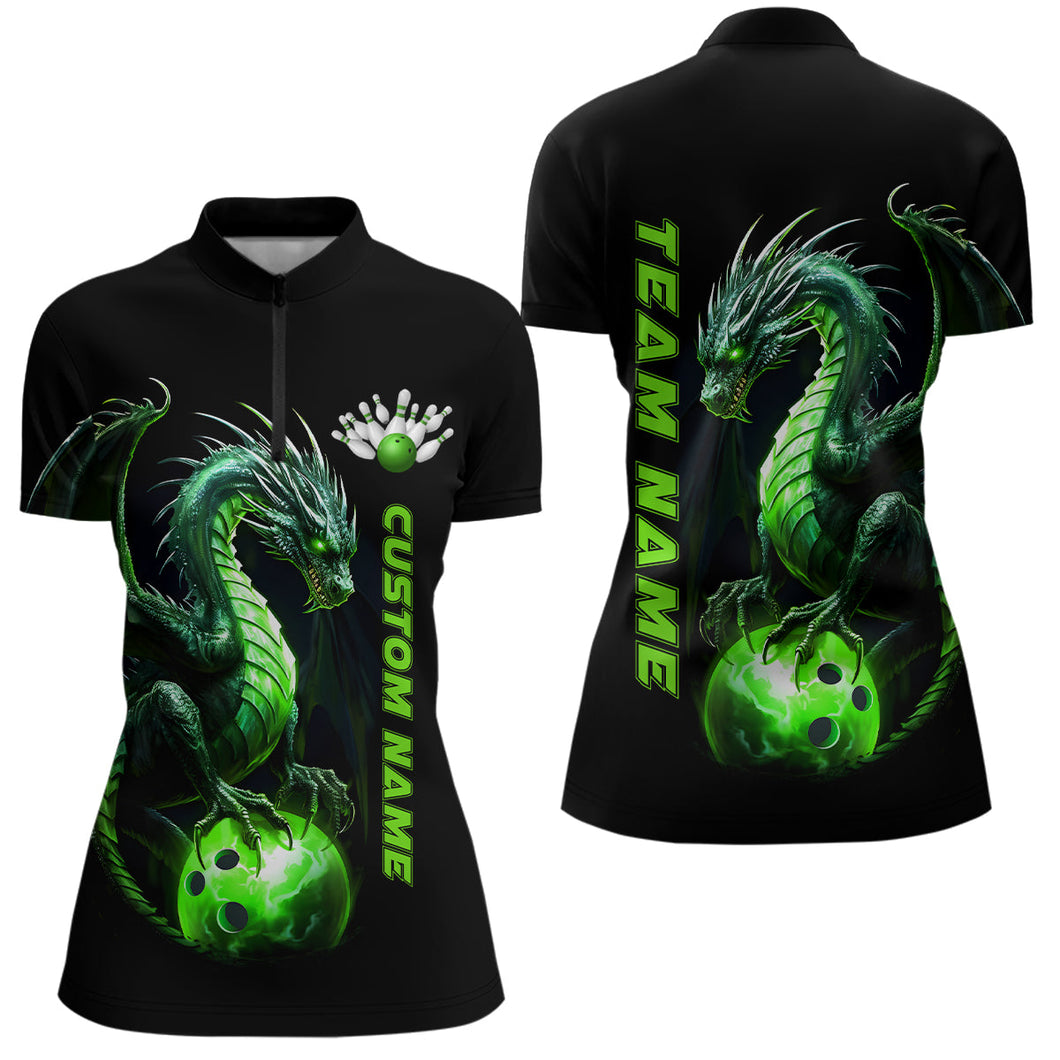 Personalized Green Dragon Bowling Team Jerseys Women Quarter Zip Shirts Bowling League IPHW5354