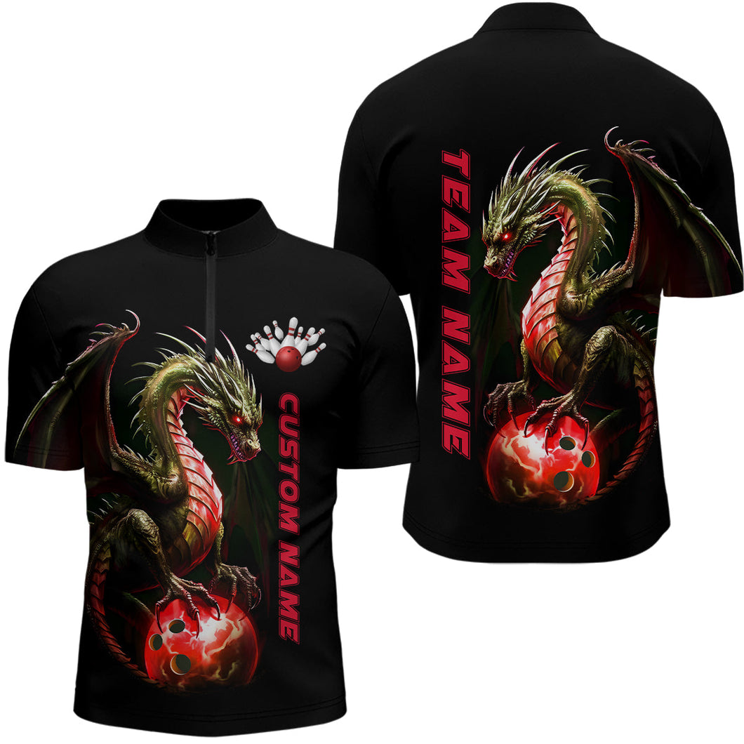 Personalized Red Dragon Bowling Team Jerseys Men Quarter Zip Shirts Bowling League Shirts IPHW5355