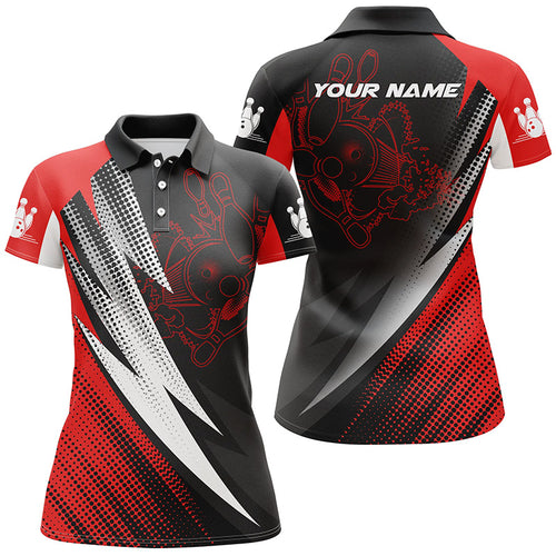 Red and black bowling balls and pins customizable bowling polo shirts for women, team bowling jerseys NQS4847