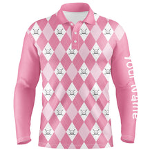 Load image into Gallery viewer, Pink argyle plaid pattern Mens golf polos shirts custom golf shirts for men, personalized golf gifts NQS5156