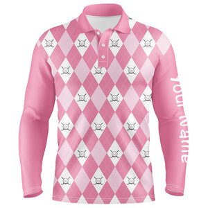 Pink argyle plaid pattern Mens golf polos shirts custom golf shirts for men, personalized golf gifts NQS5156