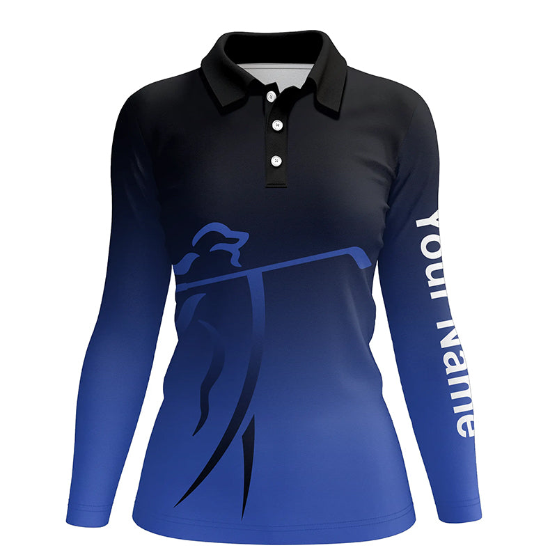 Womens golf polos shirts custom name blue gradient golf apparel, coolest polo shirts for ladies NQS7145