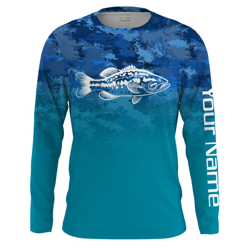 Largemouth Bass fishing blue camo ocean Customize Name UV Long Sleeve Fishing Shirts UPF 30+ NQS2183